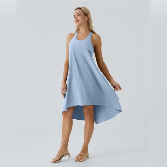 HALARA Dresses & Skirts - Halara Breezeful Blue Backless Racerback Pockets HighLow Flowy Midi Dress Sz 2XL